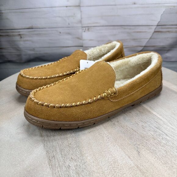 Lands' End Mens Slippers Size 9 Fuzzy Lined English Tan Suede Moccasin Slipper - Picture 2 of 14